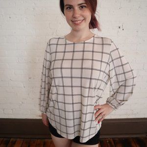 Adrianna Papell White and Black Plaid Blouse